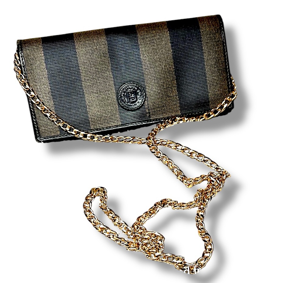 Fendi Black And Taupe Striped Wallet With Removable Gold Tone Chain Vtg